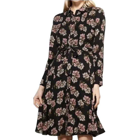 Nanette Lepore Size 10 Black Floral Pintuck Tie Waist Buttoned Dress 1M9S17120 - Picture 1 of 9